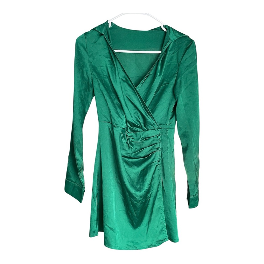 Emerald Green Wrap Satin Dress - Picture 2 of 3